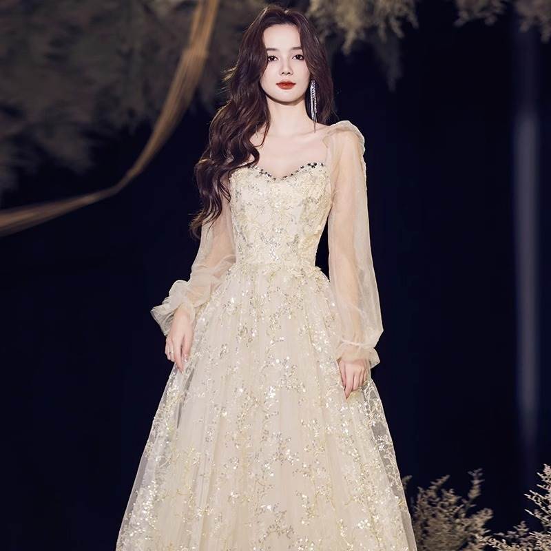 ドレス ウェディング パーティー 結婚式 二次会 披露宴 演奏会 発表会 ステージ 舞台 フォーマル キャバ 衣装 謝恩会 演劇 ラウンジ クラブ ロング 長袖 スクエアネック オフショル Aライン 透け感 シースルー スパンコール 可愛い きれいめ 大人可愛い 上品 おしゃれ
