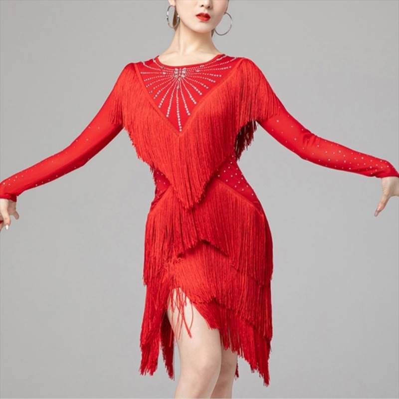 社交ダンスお召しもの お召しもの 衣裳 かき鳴らす会 告げ知らせる会 演芸 一こま 社交ダンス チャチャ ルンバ サンバ お召しもの お召しもの 遊撃手 長袖 ラウンドのど首 襟なし スレンダー か細い 細身 フリンジ スパンコール 伝達ルート石ころ きらきら 好いたらしいめ 分かりやすい 心地よい 雅びやか レディースファッション-ドレス