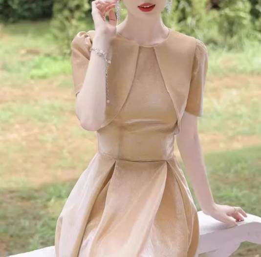 ドレス ワンピース ボレロ ウェディング パーティー 結婚式 二次会 披露宴 演奏会 発表会 フォーマル キャバ ダンス 衣装 コスプレ コスチューム 謝恩会 演劇 ラウンジ クラブ ミモレ 半袖 ラウンドネック フレア プリーツ シフォン ウエストマーク 可愛い きれいめ