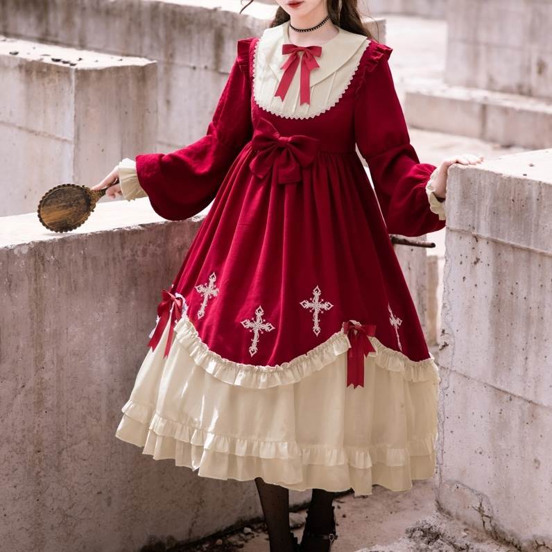 コスプレドレス レディース 衣装 お召しもの フラウンススコート ロング 長袖 丸襟 りぼん引き分け 太陽フレア タック スピード競技 フラウンス シュロの葉 酉の方角目じるし 異国風 愛くるしげ 成年者好いたらしい 今めかしい レトロ ガーリー 個人的特徴的 冷やりとした ローマン的 無地 秋 冬 ハロウィン 寄りあい