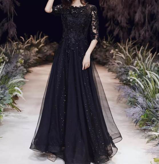 ロングドレス ドレス ウェディング パーティー 結婚式 披露宴 演奏会 発表会 ステージ キャバ 衣装 謝恩会 演劇 ラウンジ クラブ ロング マキシ 7分袖 ラウンドネック フレア レース チュール ウエストマーク 透け感 スパンコール キラキラ 可愛い きれいめ 大人可愛い