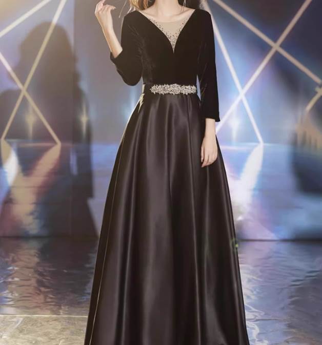 ロングドレス ドレス ウェディング パーティー 結婚式 披露宴 演奏会 発表会 ステージ キャバ 衣装 謝恩会 演劇 ラウンジ クラブ ロング マキシ 7分袖 Vネック レースアップ ウエストマーク ハイウエスト スパンコール 可愛い きれいめ 大人可愛い 上品 おしゃれ