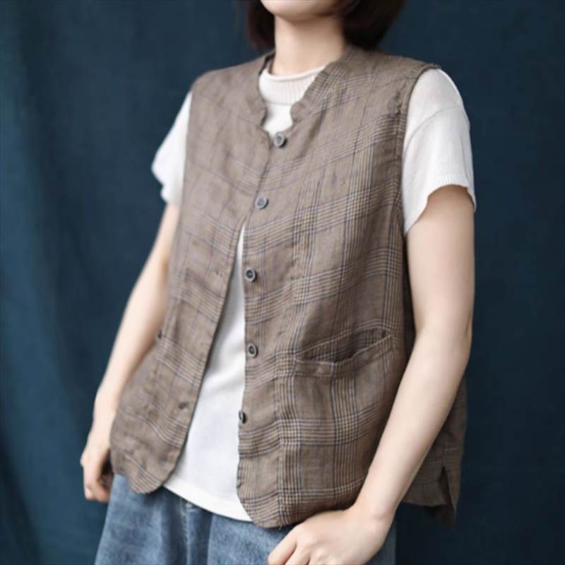 ジレ ベスト レディース ノースリーブ リネン 綿麻 ジレンチ トップス レディース ジレ 春 秋 夏 大きいサイズ 春 レイヤード風 大人可愛い ナチュラル 羽織 M L ブラウン