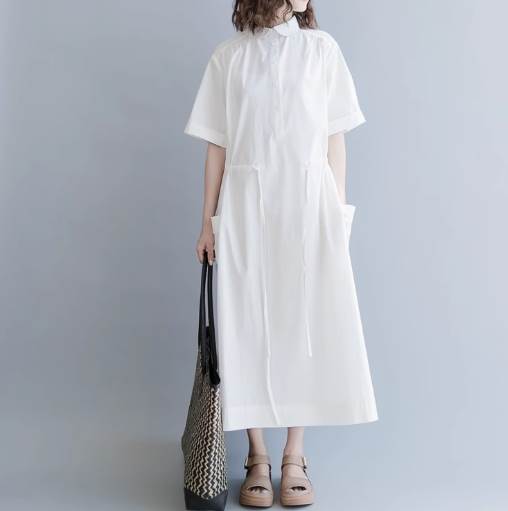 シャツワンピース レディース ワンピース ロング丈 半袖 襟付き Aライン フェミニン ベルト ウエストマーク 前開き ボタン かわいい 大人可愛い きれいめ シンプル カジュアル 上品 おしゃれ レトロ こなれ感 ラフ ガーリー ルーズ エレガント キュート 大人女子 無地