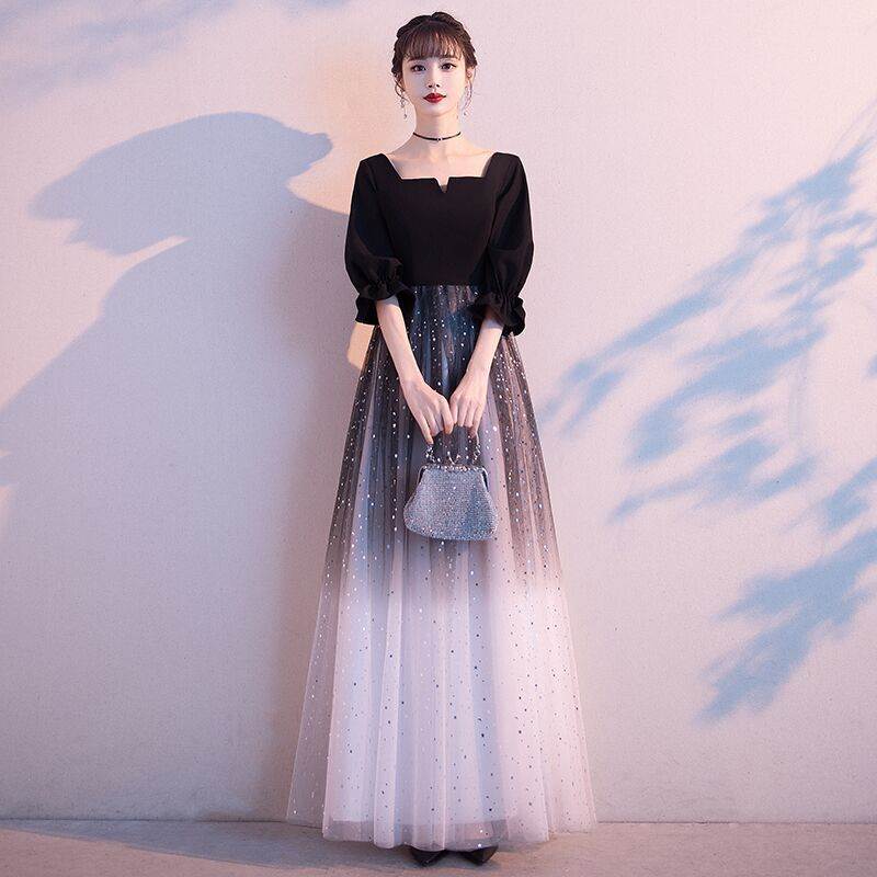 ドレス ワンピース パーティー 結婚式 二次会 披露宴 演奏会 発表会 ステージ ダンス 衣装 コスプレ コスチューム 謝恩会 演劇 ロング 7分袖 スクエアネック フレア ワイド Aライン チュール 切り替えデザイン きれいめ 大人可愛い おしゃれ 主役級 存在感 抜け感