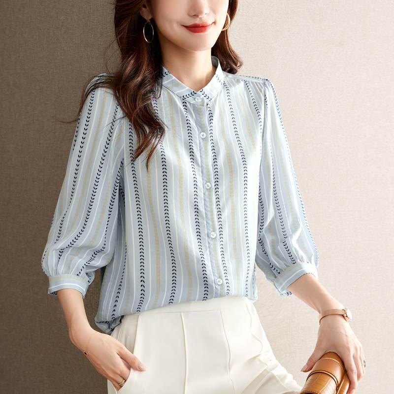 レディース トップス シャツ 7分袖 ハイネック ストレート Iライン スマート 前開き 2way 透け感 薄手 大人可愛い シンプル おしゃれ こなれ感 個性的 主役級 存在感 抜け感 都会的 クラシカル ベーシック ナチュラル ストライプ ハート柄 春 夏 秋 ロングシーズン