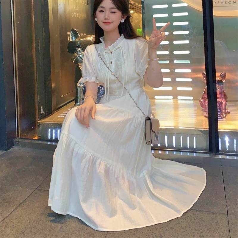 レディース ワンピース シャツワンピ ロング 半袖 パフスリーブ ハイネック フレア ティアード リボン 薄手 かわいい 大人可愛い シンプル カジュアル 上品 おしゃれ エスニック こなれ感 個性的 主役級 存在感 抜け感 クラシカル ベーシック ナチュラル 無地 花柄 春