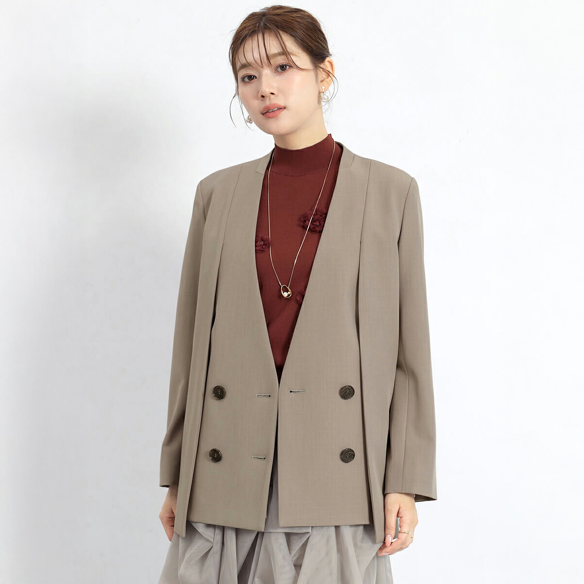FENNEL フェンネル ダブルフロント2wayノーカラージャケット アウター ジャケット ノーカラージャケット 2way ダブルフロント 肩掛け風 ミドル丈 レディース 大人 キレイめ カジュアル ハンサム デイリー オフィス ビジネスシーン 日本製