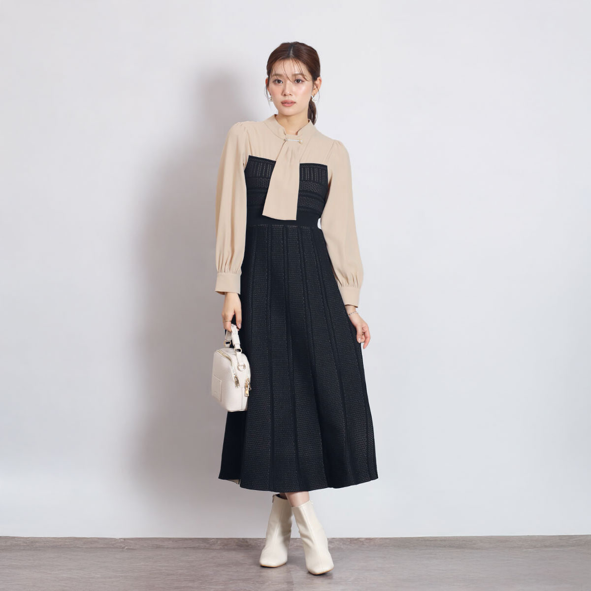 【500円OFFクーポン＆P10倍】【FENNEL フェンネル】 ブラウス&times;ニットドッキングワンピース ワンピース ドッキング ブラウス ニット レディース 大人 フェミニン 上品 キレイめ おでかけ ウォッシャブル ニットワンピース パール ビスチェ風 フォーマル｜YAMADAYA STORE