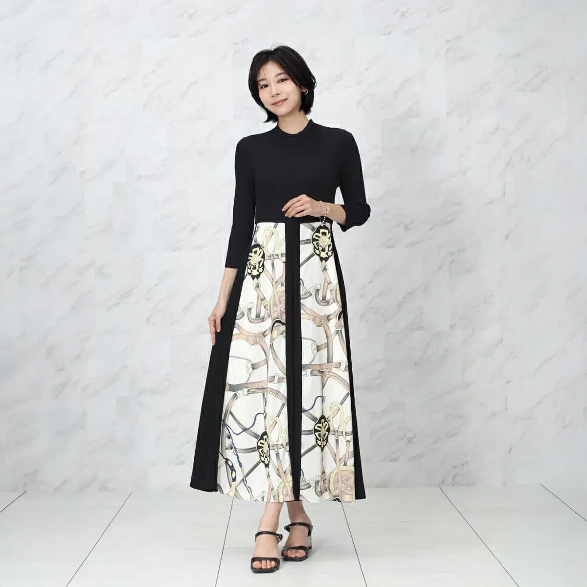 【マラソン期間中ポイント10倍!】【FENNEL フェンネル】スカーフプリントニットドッキングワンピース 異素材ドッキング レディース 大人 フェミニン キレイめ デイリー フォーマル セレモニー 上品 ワンピース ドッキング シック エレガント