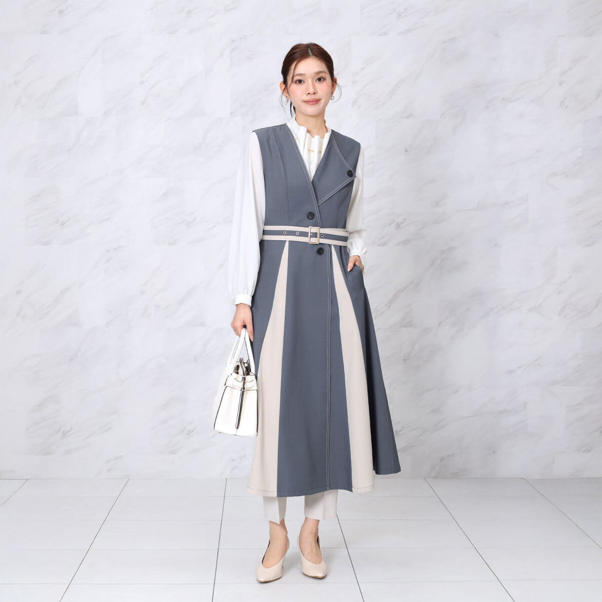 【FENNEL】バイカラージレワンピ ジレ ワンピース 2way レディース おでかけ 羽織り レイヤード ベルト付き 大人カジュアル 春服 フォーマル アシンメトリー 配色 デザインワンピース バイカラージレ
