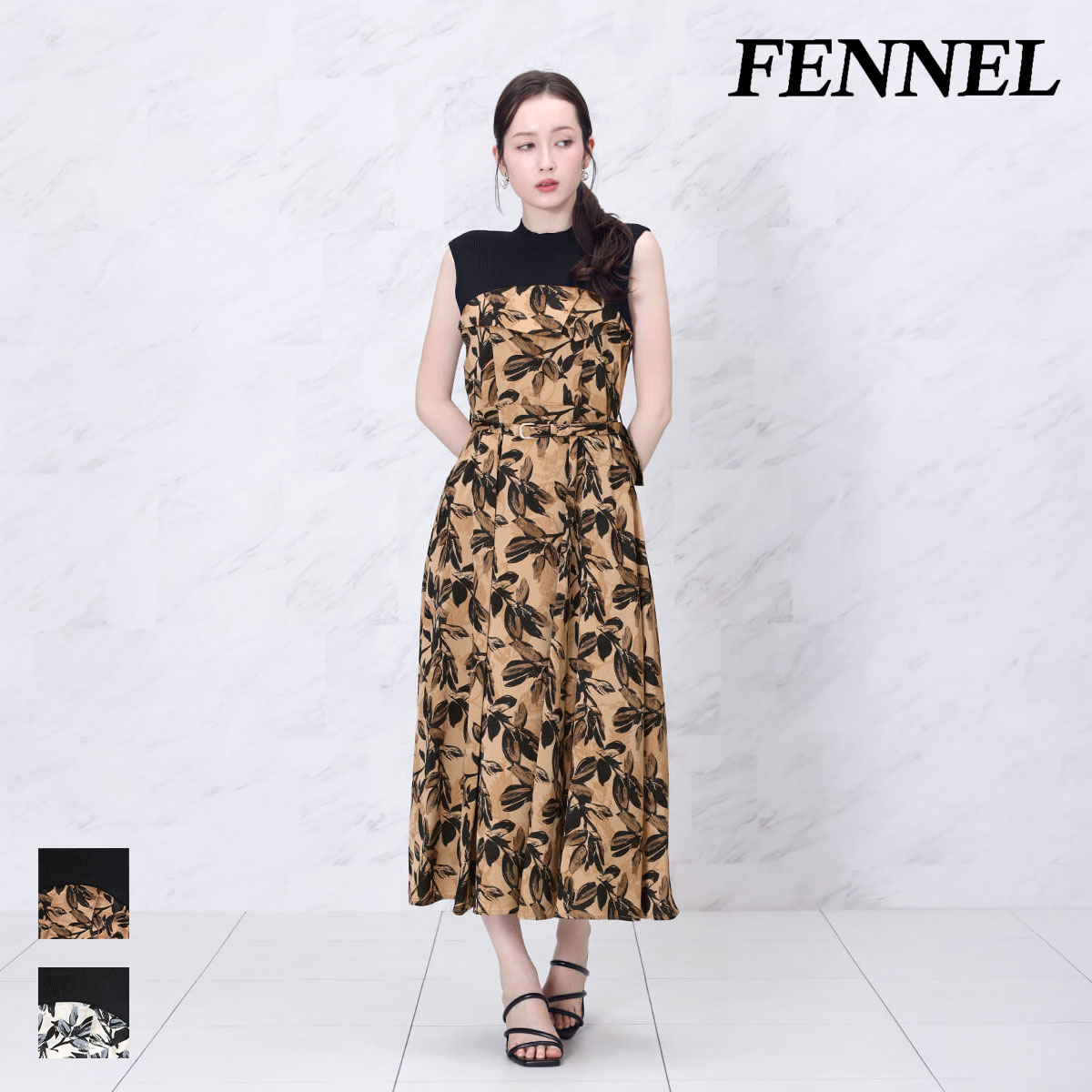 【500円OFFクーポン&P10倍】【FENNEL フェンネル】リーフジャガードノースリーブワンピース ジャガード ジャガードワンピース ワンピース ノースリーブ レディース 夏 春 上品 キレイめ お食事 おでかけ 発表会 エレガント|YAMADAYA STORE