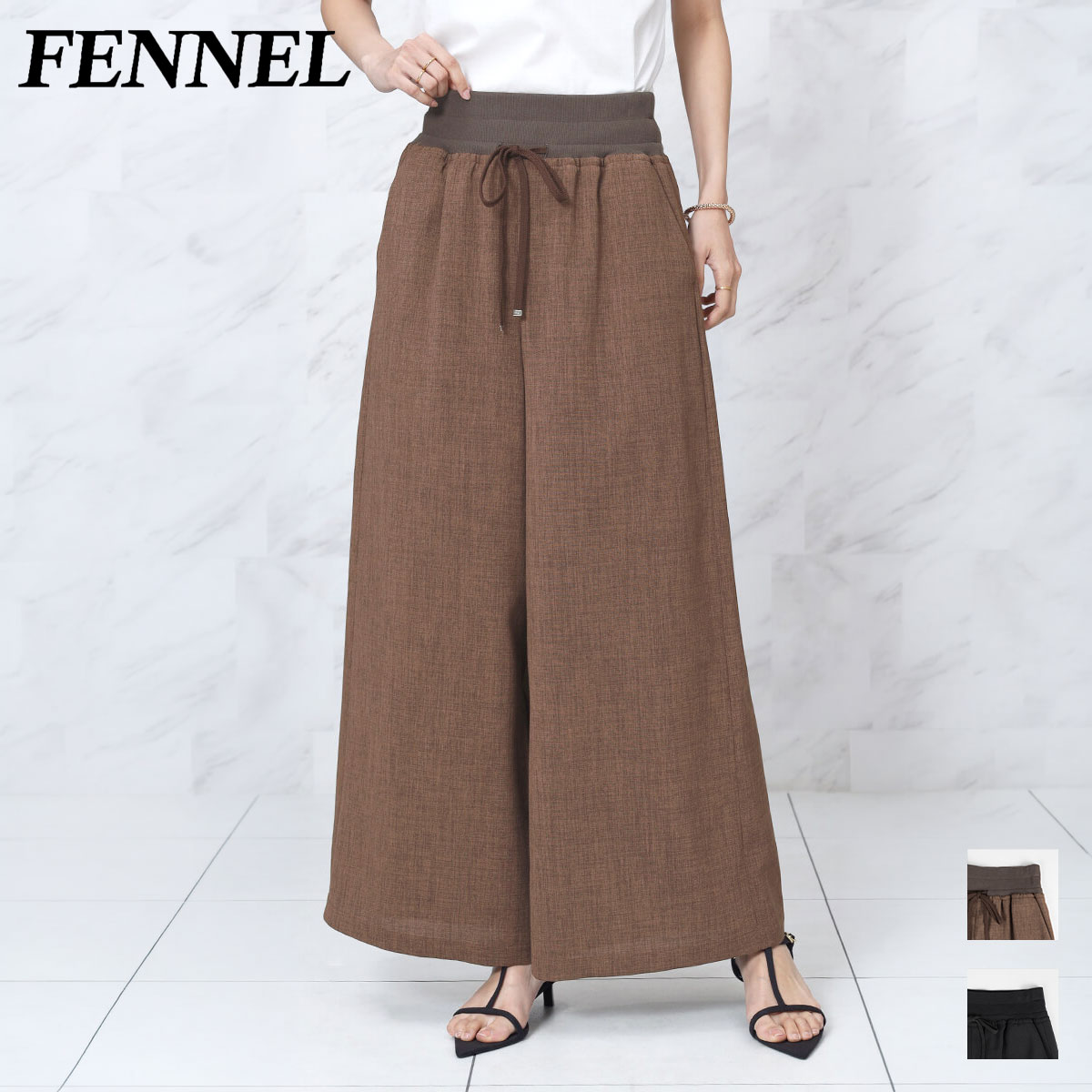 【500円OFFクーポン&P10倍】【FENNEL フェンネル】ワイドリブリラクシーパンツ パンツ ワイドパンツ リラックスパンツ きれいめ おでかけ カジュアル リネンライク リブ ワイド ウエストゴム 日本製 夏服 オフィスカジュアル|YAMADAYA STORE