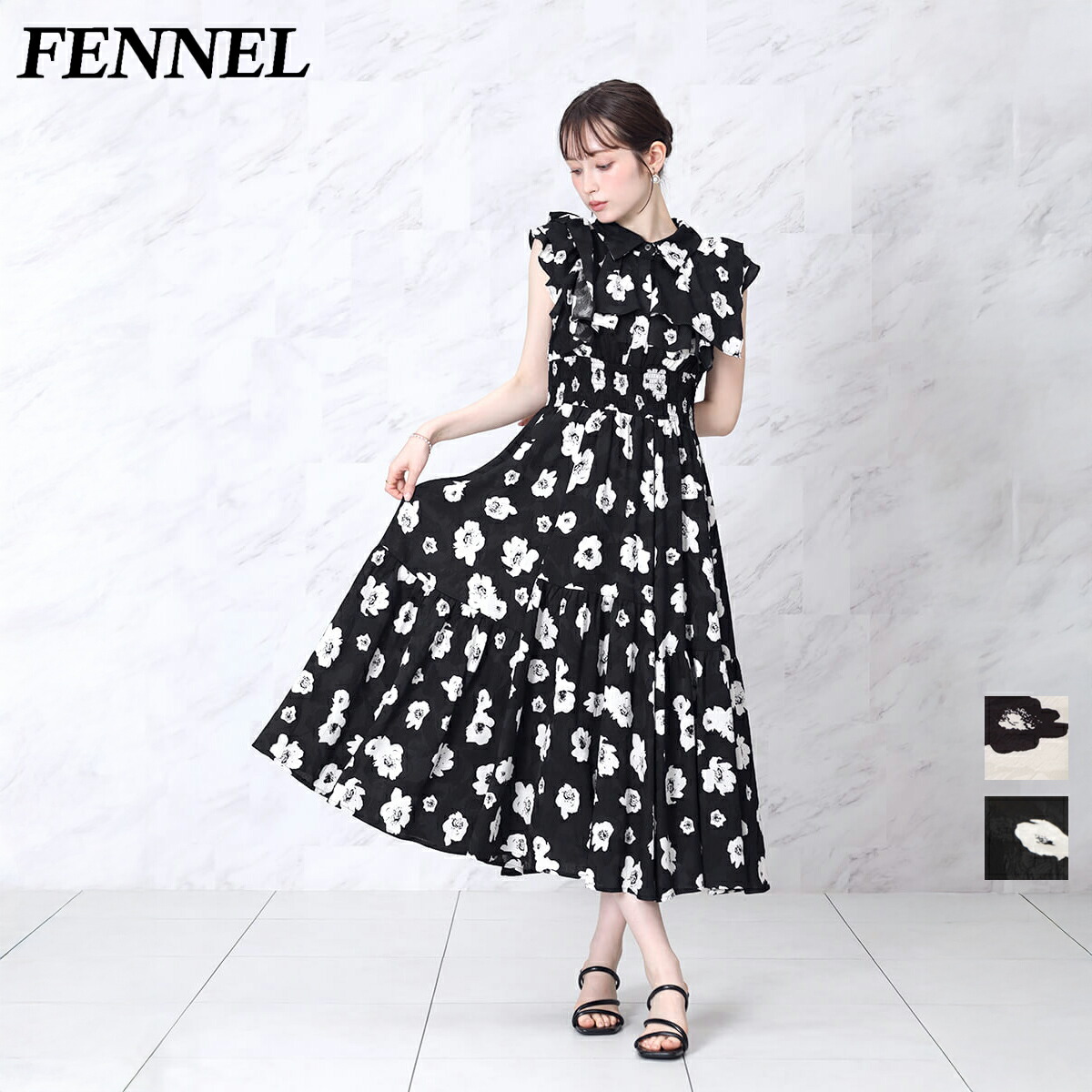【500円OFFクーポン&P10倍】【FENNEL フェンネル】モノフラワーフリルロングワンピース ワンピース 花柄 ジャガード シャツワンピース ウエストシャーリング 上品 大人フェミニン 高見え ロングワンピース 半袖 夏 おしゃれ 手洗い可 エレガント|YAMADAYA STORE