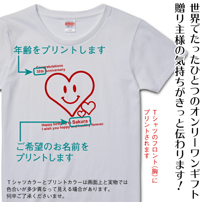 楽天市場 名入れ Tシャツ 誕生日 プレゼント 半袖 メンズ レディース 当店オリジナルデザイン 人気のスマイリーハート さりげなく年齢とお名前を プリント します 男性 女性 父 母 祖父 祖母 名前 誕生日 バースデー プレゼント ギフト オリジナル プリント Ts