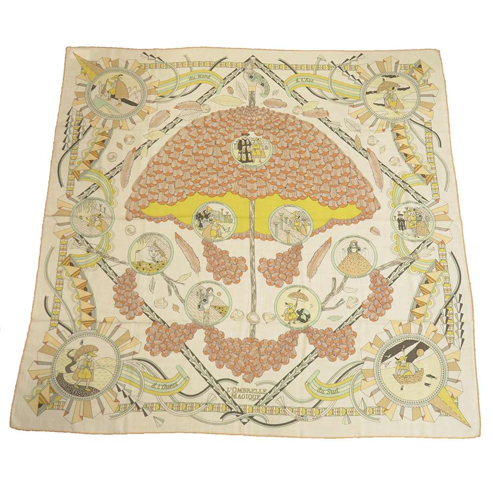 Hermes カレ90 L' OMBRELLE MAGIQUE 魔法の杖傘 シルク スカーフ レッド (209523