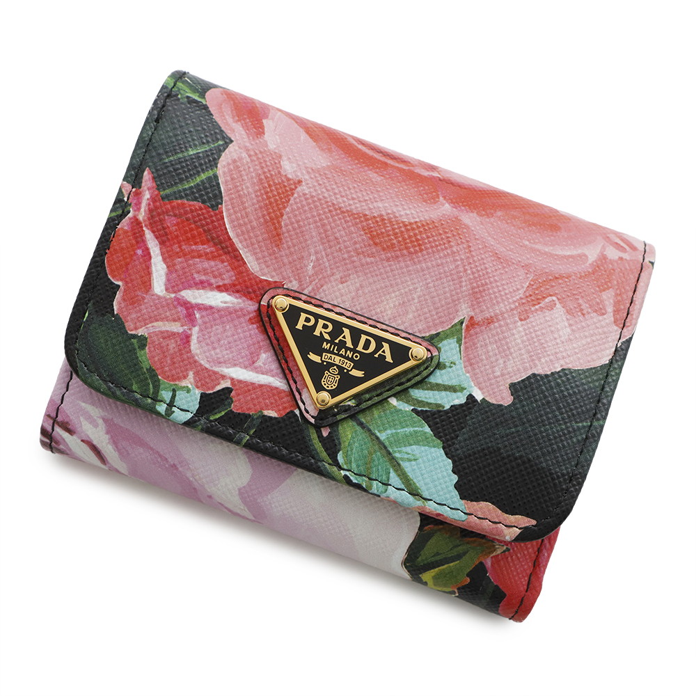 日本限定 PRADA フラワー コンパクトウォレット レディース 三つ折り 財布 プラダのウィメンズ財布、花柄レザーの三つ折りウォレットや