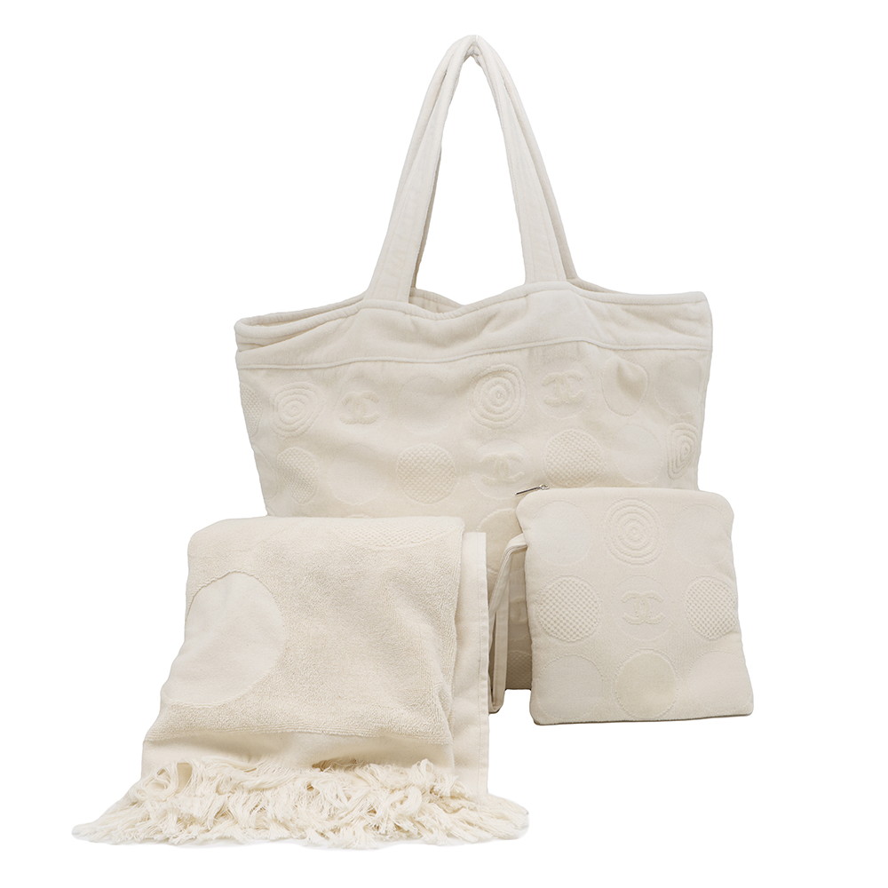 値下げ☆CHANEL ビーチバッグ　ポーチ　タオル地 CHANEL シャネル ビーチセット トートバッグ ポーチ バスタオル 22C