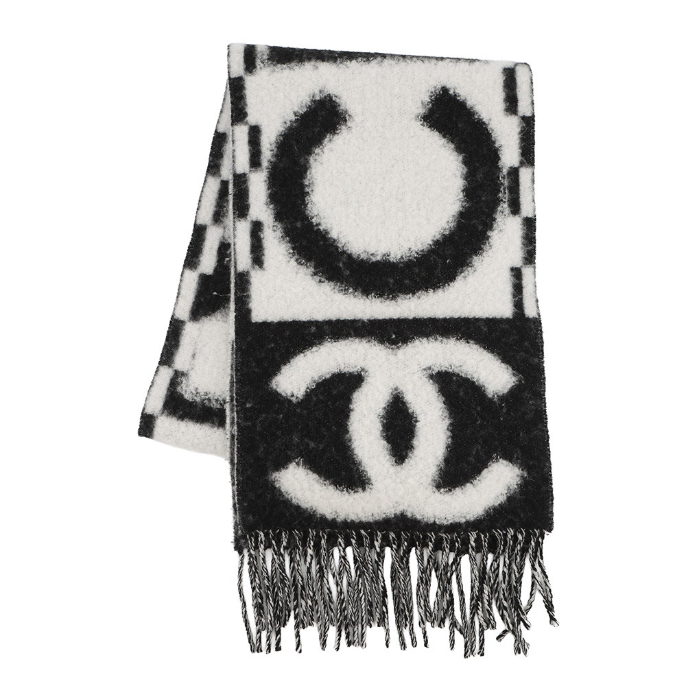 シャネル マフラー ココマーク ロゴ カシミヤ シルク AAA478 CHANEL 黒 白 【安心保証】 【中古】 シャネル マフラー CHANEL