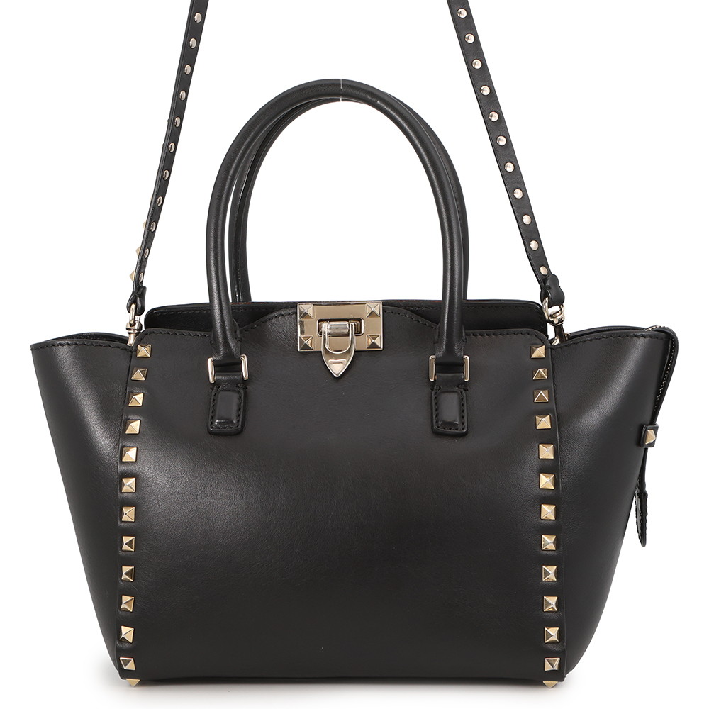 ヴァレンティノ・ガラヴァーニ ハンドバッグ ロックスタッズ レザー VALENTINO 2way 黒 【安心保証】 【中古】 ヴァレンティノ バッグ VALENTINO BAG|ギャラリーレア店