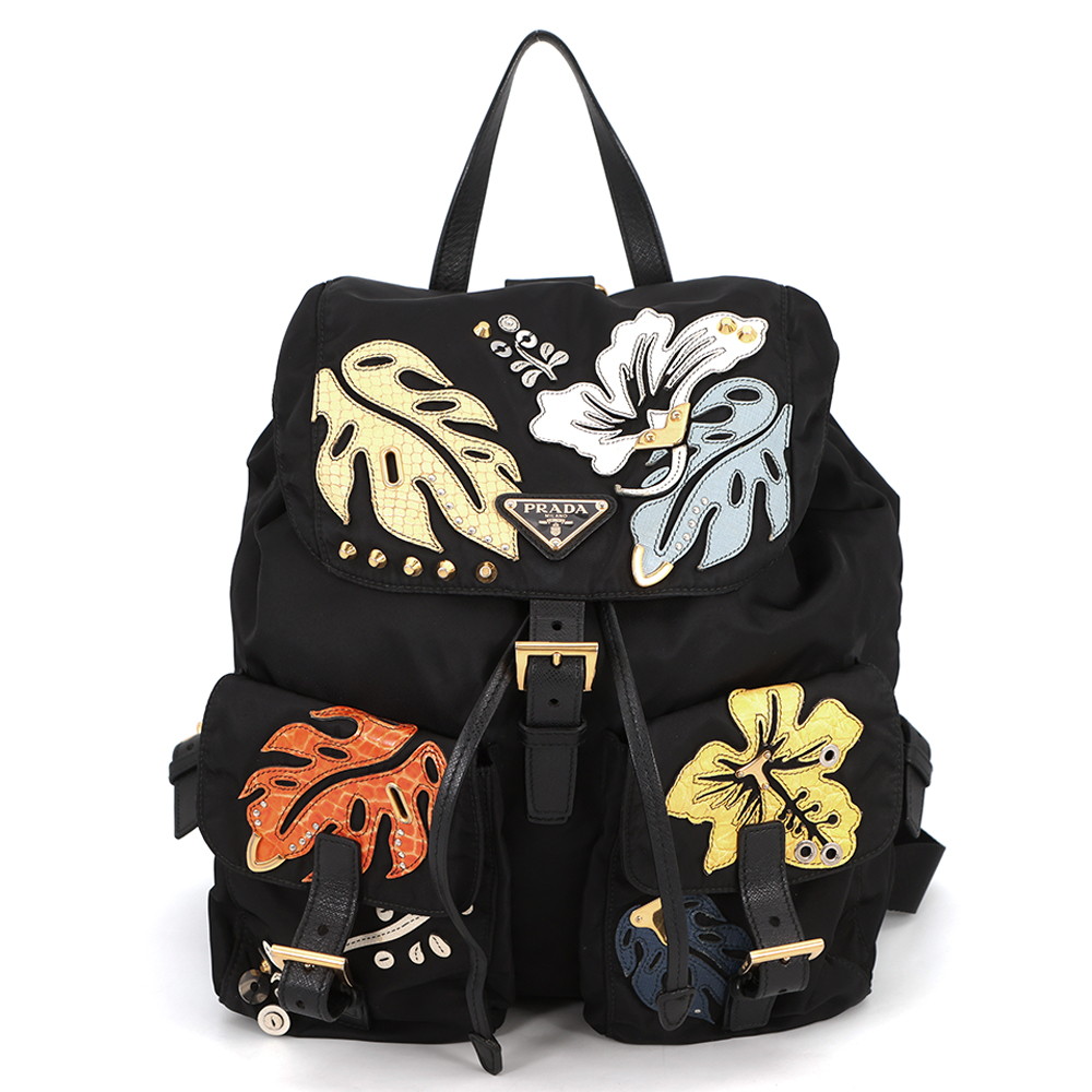 プラダ リュック ナイロン フラワー トライアングルロゴ バックパック 1BZ811 PRADA バッグ リュックサック 黒 【安心保証】 【中古】 プラダ バッグ PRADA BAG|ギャラリーレア店