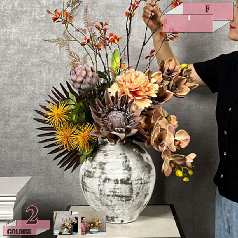 2000円OFFクーポン 造花アレンジメント 侘び寂び シルクフラワー レトロブーケ ヴィンテージスタイルの花束 造花セット 装飾花 玄関 ホテル装飾用 ロビー向け ディスプレイフラワー 大型花束 陶器付き フェイクフラワー gratiahome 27,898円