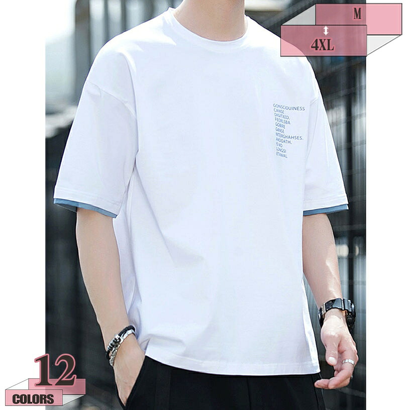フェイクレイヤード Tシャツ メンズ 半袖 綿100% 夏 肌に優しい 無地 丸首 通気性 ゆったり 五分袖 丸襟 快適 大きいサイズ 春 秋 冬 服 カジュアル ファッション お出かけ スポーツ 運動会 夏服 メンズTシャツ トップス gratiahome