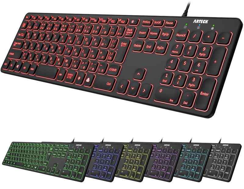 Arteck USB 有線 ワイヤー キーボード 7色バックライト搭載 明るさ変更 フルサイズ 6フィート（約1.8メートル）コード テンキー付き コンピューター、デスクトップ、PC、ラップトップ、Windows11/