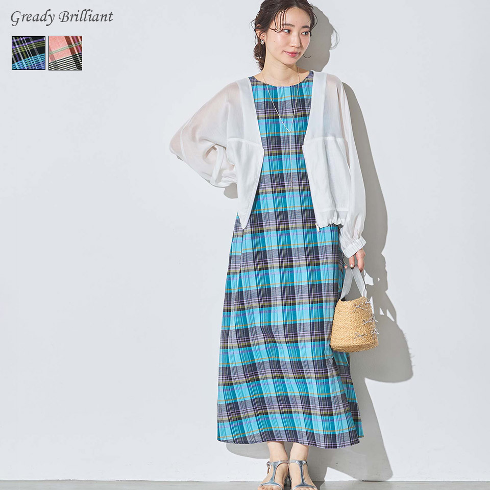 【※４第四次元制限事項※ラストスパート引き換え証離れ離れ中！】【SALE 30%OFF】グレディブリリアン カラーチェックノースリワンピース ノースリーブ マキシ丈 自然的原料品 抜け感 花の冠yd 着映え レディース 成年者 春 夏 / Gready Brilliant