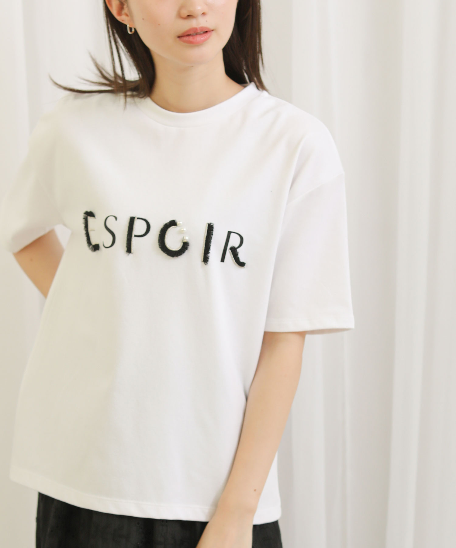 最短即日発送 カットソー 夏 半袖 春 Tシャツ Espoirフリンジ5分袖カットソー レディース カジュアル トップス 5分袖
