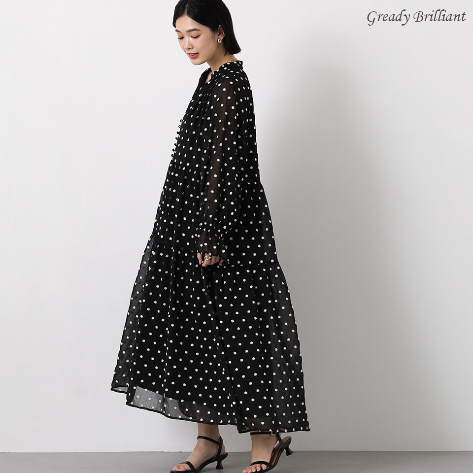 【本日限定クーポン配布中！】グレディブリリアン ワンピース ティアード フラワー刺繍 キーネック ロング丈 レディース 体型カバー きれいめ Aライン 大人 春 夏 / Gready Brilliant