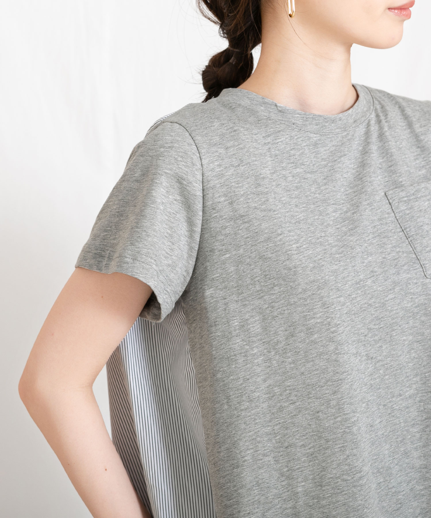 最短即日発送 カットソー ｔシャツ ｂ異素材プリーツ半袖ｔシャツ 春 夏 半袖 グレー レディース ネイビー