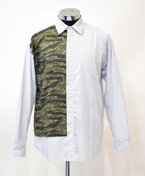 【新品】 MISTERGENTLEMAN （ミスタージェントルマン ）HALF CAMO SWITCHED MODERN SHIRT L/S MIX ハーフ カモ スイッチ 長袖 モダンシャツ 迷彩 カモフラージュ 切替 L プリント ウッドランド Mr.GENTLEMAN MADE IN JAPAN MULTI STRIPE M ストライプ 7,838円
