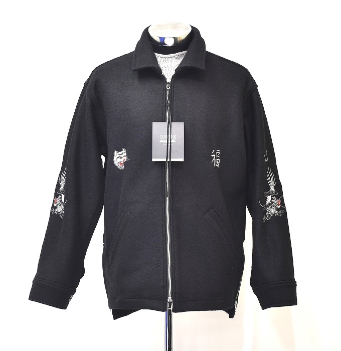 【新品】 SEVESKIG (セヴシグ)  SKA SOUVENIR SHIRT スカ 刺しゅう 差し上げ物 プルオーバー 長袖 上衣 L/S JACKET 上衣 BLACK MEDIUM M MADE IN JAPAN セブシグ WOOL スカジャン スタジャン 上衣 表どおり アメカジ コート・ジャケット-メンズファッション