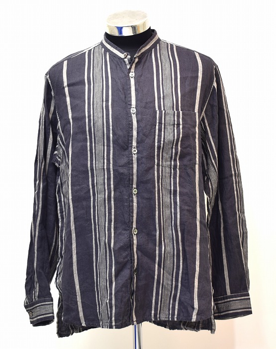 【美中古】nest Robe CONFECT (ネストロープ コンフェクト) リネンワイド杢ストライプバンドカラーシャツ Linen Wide Stripe Band Collar Shirt ink Black 4 日本製 02211-0071 【中古】リラックス 春夏 ナチュラル カジュアル ストリート メンズ おしゃれ 大人 リゾート