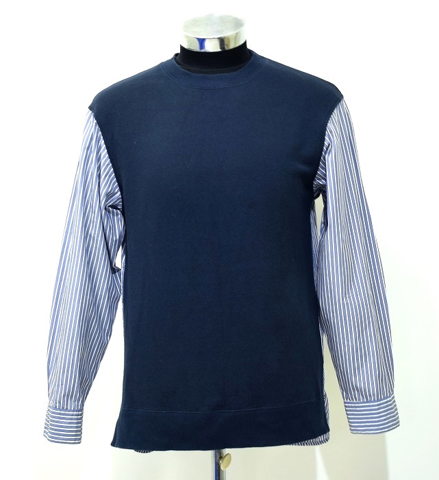 【中古】MR.OLIVE (ミスターオリーブ) URAKE & MULTI STRIPE HYBRID SHIRT 裏毛&マルチストライプ ハイブリットシャツ L/S 長袖 切替 クルーネック プルオーバー スウェット NAVY GREY WHITE M おしゃれ カジュアル ストリート アメカジ トレーナー キレカジ