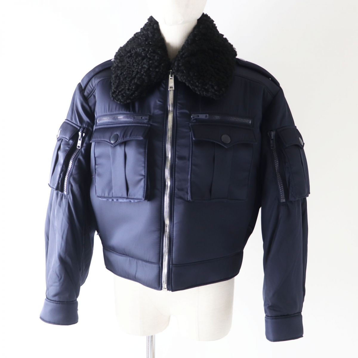 美品 PRADA SPORTS 08AW ライダースJKT フリル 38 ネイビー シャンブレー ブルゾンジャケット | PRADA