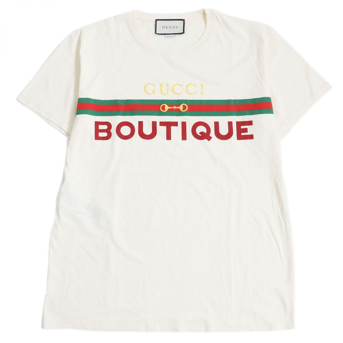 【ドンドン思いなおす】極美品□GUCCI/グッチ 615044 BOUTIQUE ウェブライン ロゴタイプ刷り上げる 綿織物100％ 半袖プルオーバー/カットソー 象牙色 M 伊製 置き目品【中古】