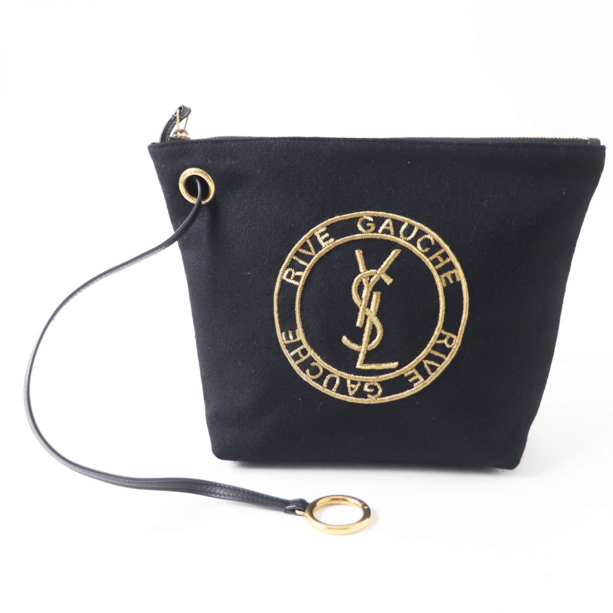 【ドンドン見直し】極美品◎イタリア製 SAINT LAURENT PARIS サンローランパリ 7110435 レディース ウール×レザー ポーチ ブラック×ゴールド 保管袋付き【中古】