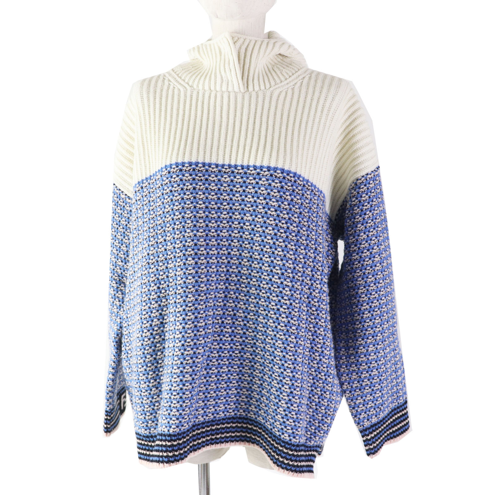 【ドンドン見直し】極美品◎FENDI フェンディ 18年製 FZY731 ウール カシミヤ FFロゴ/ズッカ柄 ニット パーカー ブルー ホワイト 38 イタリア製 正規品 レディース【中古】