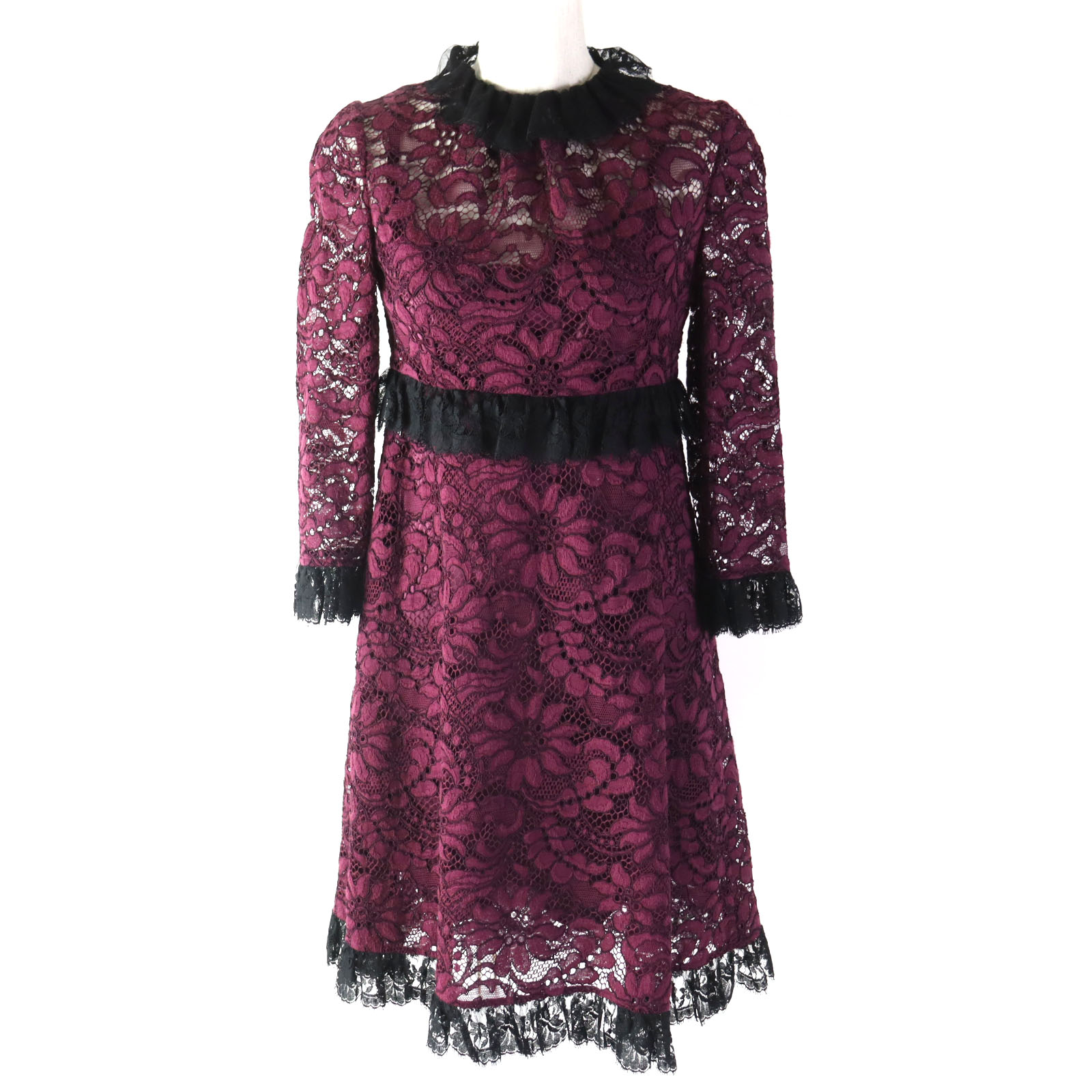 【ドンドン見直し】極美品△DOLCE&GABBANA ドルチェ＆ガッバーナ F66C0T 黒タグ コットン 総花柄レース 七分袖 ドレス ワンピース ボルドー系 38 イタリア製 正規品 レディース【中古】