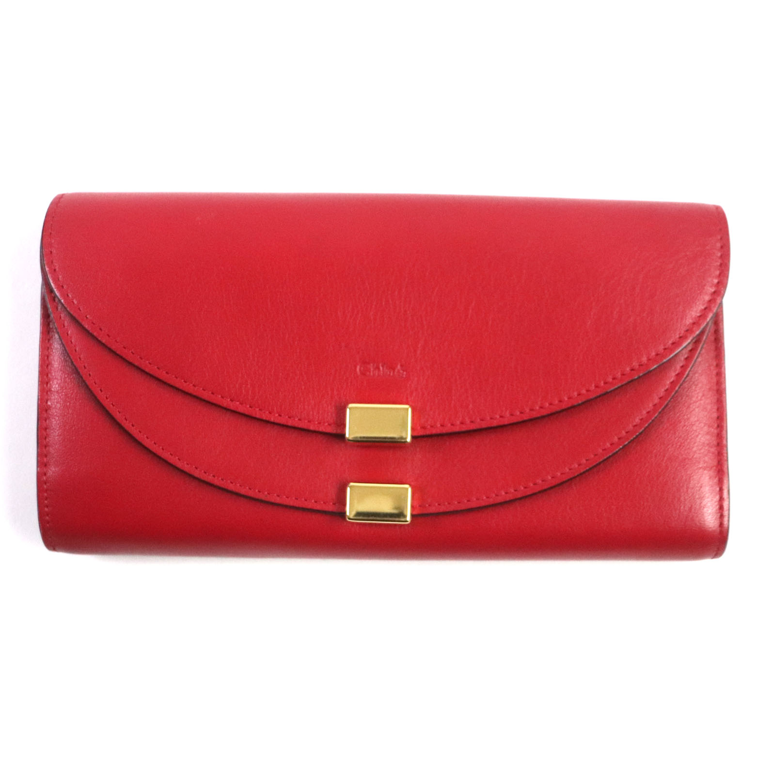 美品▼Chloe クロエ 3P0284 GEORGIA ジョージア レザー ダブルフラップ 2つ折り ロングウォレット 長財布 レッド ゴールド金具 箱・保存袋付き スペイン製 レディース【中古】
