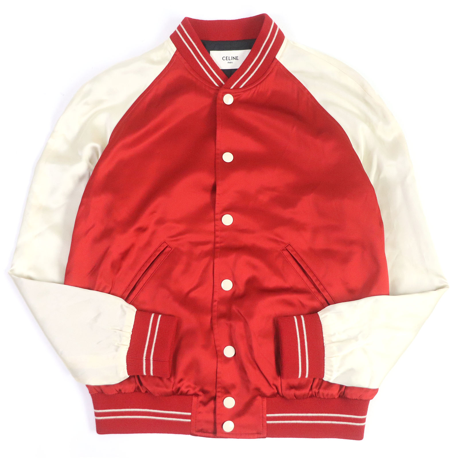 【ドンドン見直し】極美品□CELINE セリーヌ 21SS 2V87C851C THE DANCING KID TEDDY JACKET バックロゴ スタッズ サテン テディジャケット スタジャン レッド 48 ハンガー・ガーメント付き イタリア製 正規品 メンズ【中古】