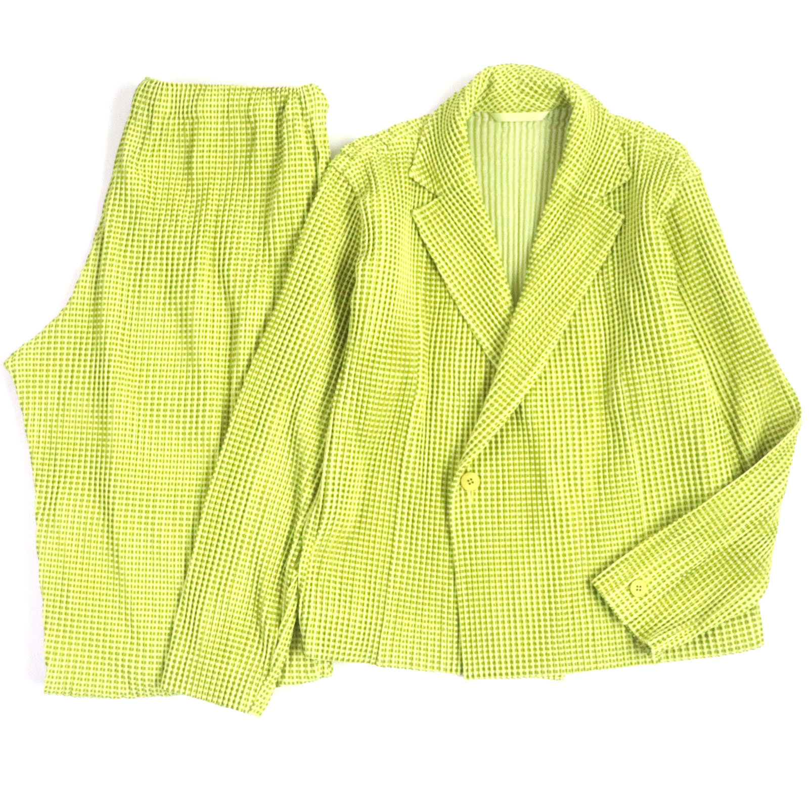 【ドンドン思いなおす】極美品▼HOMME PLISSE ISSEY MIYAKE オム プリッセ イッセイミヤケ HP03JD240 HP03JF241 読み合わせる柄 筋目産業 上衣 広広としたズボン下 セットアップ 黄色 緑であること 1 置き目品 メンズ【中古】