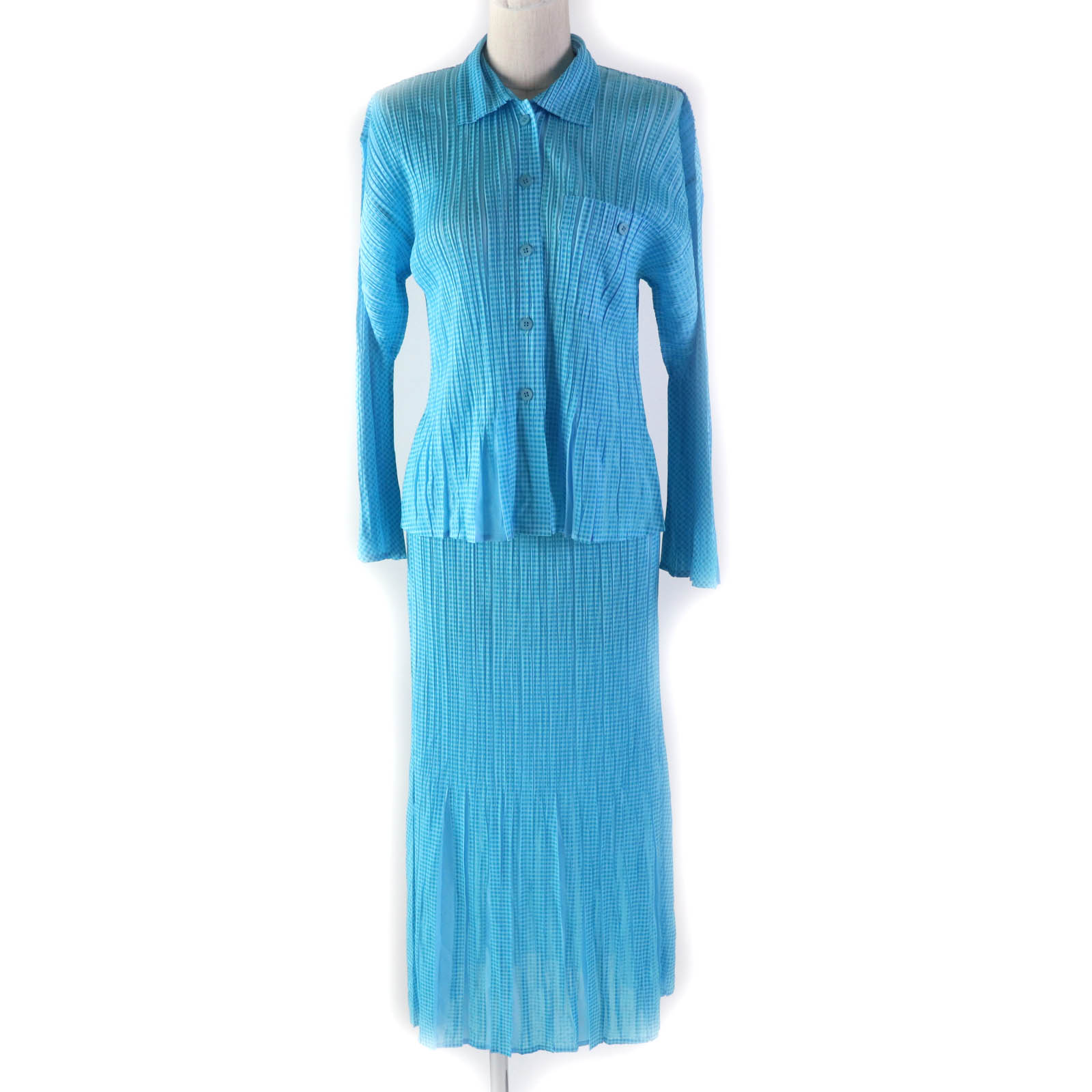 【ドンドン思いなおす】美品★PLEATS PLEASE 筋目プリーズ イッセイミヤケ PP22-JJ853/PP22-JG855 読み合わせる柄 長袖プルオーバー＋ロングスコート 2点set セットアップ ともし火青味 3 日本製 定まり品 レディース【中古】