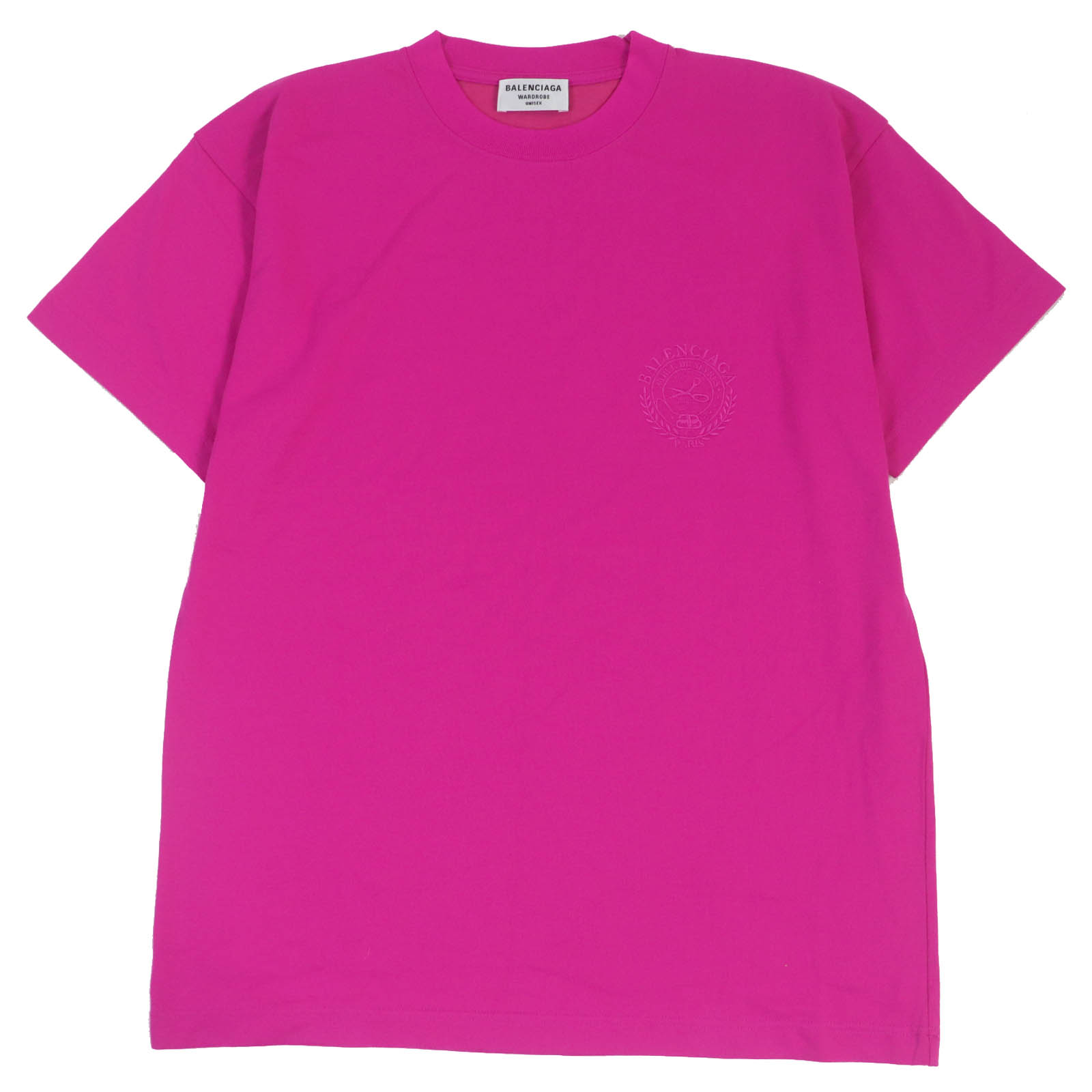 【ドンドン思いなおす】未当て嵌める品□BALENCIAGA バレンシアガ 22SS 612965 綿織物 ロゴエンブロイダリー 労働者の一団のど首 半袖Ｔシャツ ショッキングサクラ色 S 置き目品 メンズ【中古】