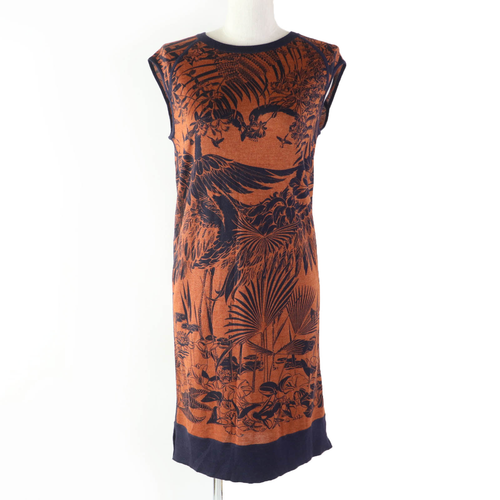 極美品☆HERMES エルメス FLAMINGO PARTY フラミンゴパーティー カシミヤ シルク ノースリーブ ワンピース ブラウン ネイビー 34 イタリア製 正規品 レディース【中古】