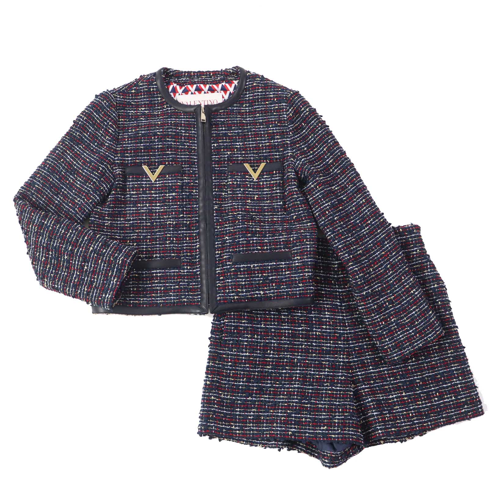 極美品◎VALENTINO ヴァレンティノ 22年製  V金具 なめし革使い走り シュロの葉ツィード セットアップ 米国海軍 マルチ ゴールド金具 38／40 イタリア製 定め事品 レディース【中古】