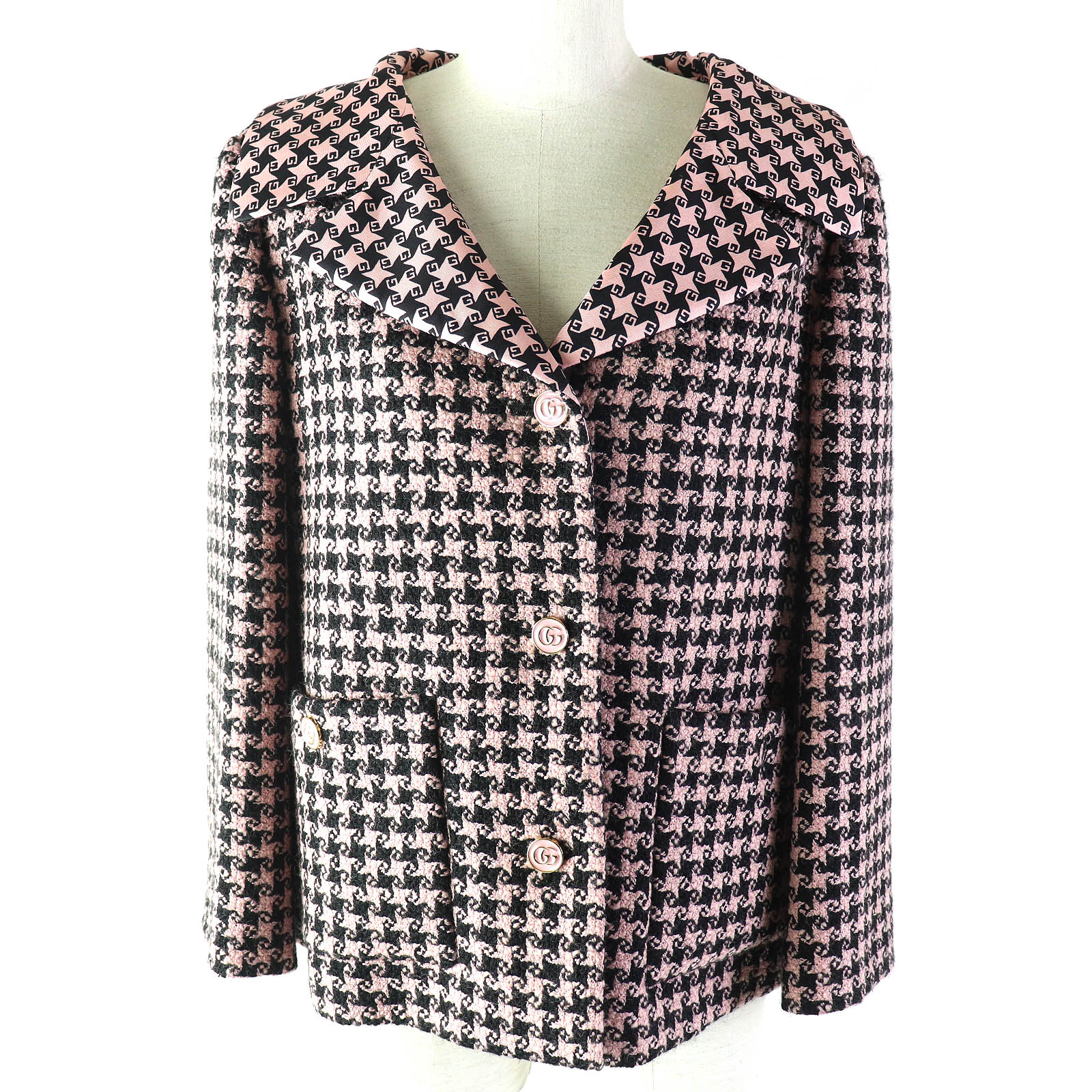 J3541 美品 グッチ ドット柄裏地千鳥格子テーラードジャケット グレー 46 00013474-1.jpg