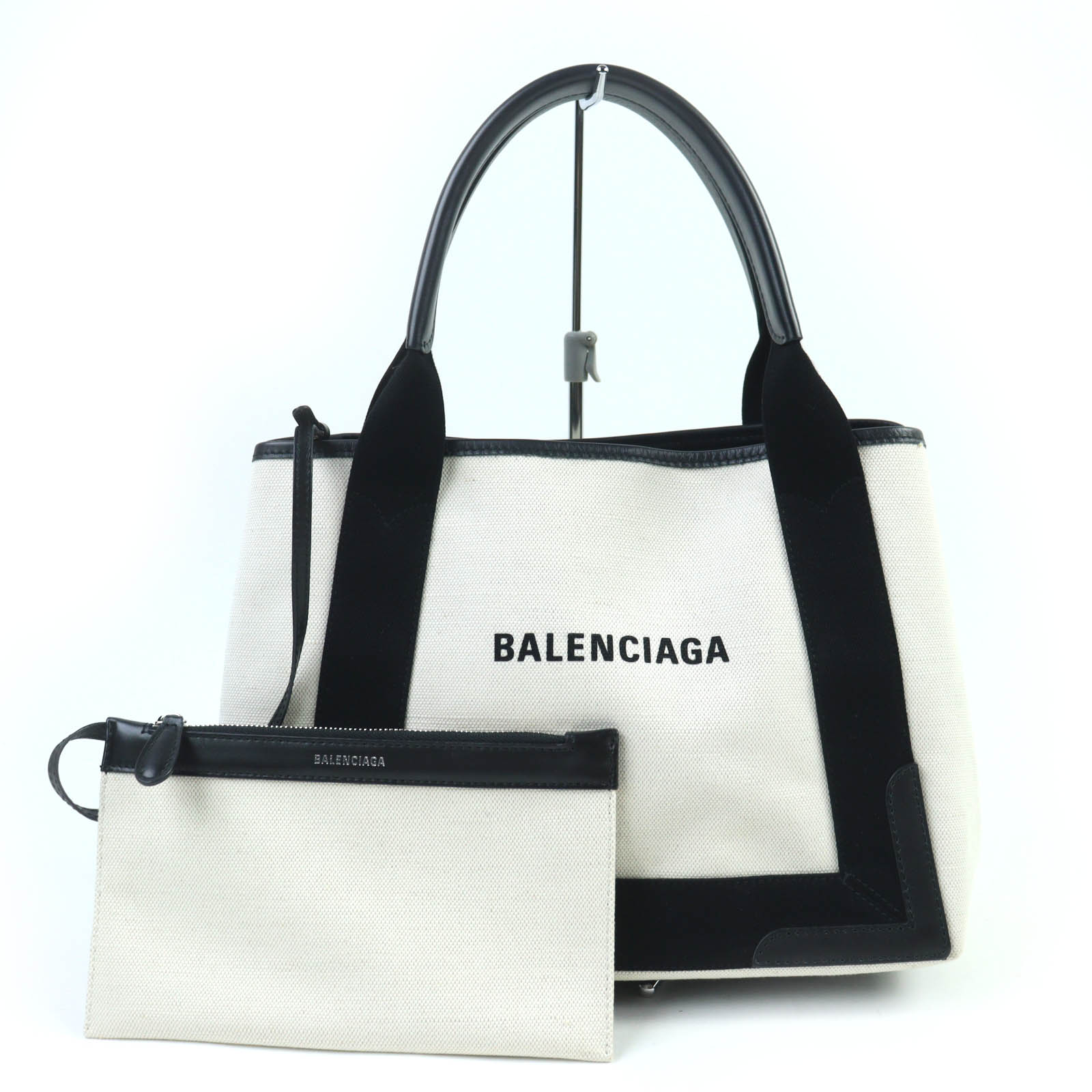 美品☆BALENCIAGA バレンシアガ 339933 スモール カバス コットンキャンバス・ブラックカーフスキン ミニポーチ付 ハンドバッグ ベージュ 保存袋付き イタリア製 レディース【中古】